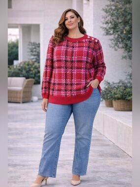 Crown & Ivy 1X Red Plaid Sweater ✨ Cozy Preppy Holiday Soft Knit Pullover